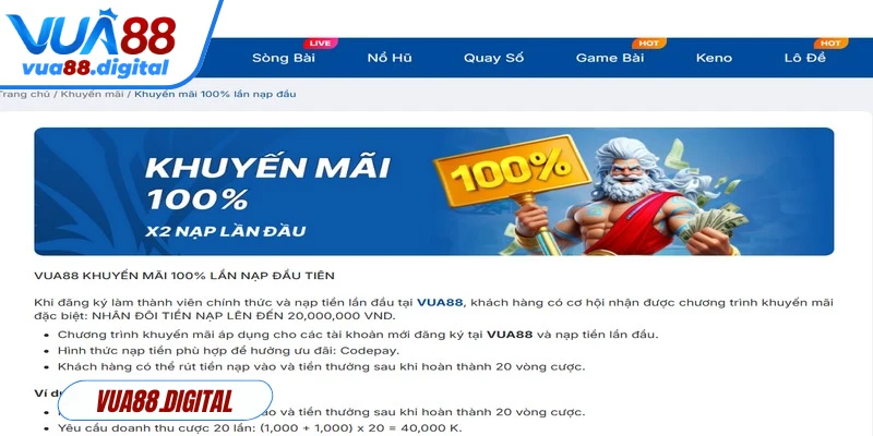 Vua88 thưởng 100% nạp lần đầu áp dụng cho tất cả tân thủ đăng ký